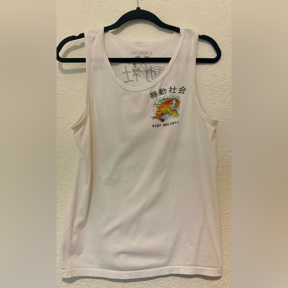 Men's Riot Society screen print Koi fish logo white sleevelesstank top - Picture 6 of 8